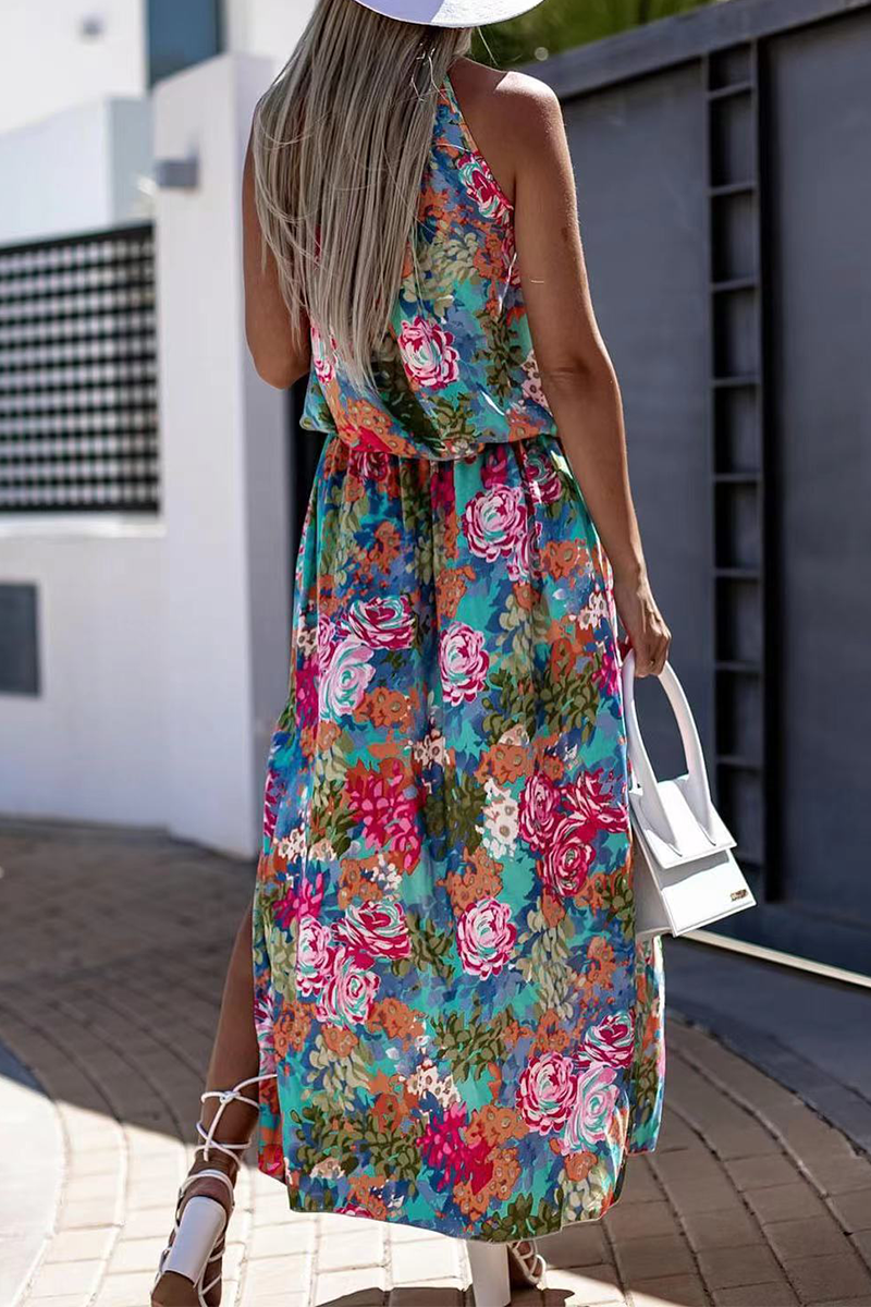 Casual Print Split Joint Halter Waist Skirt Dresses