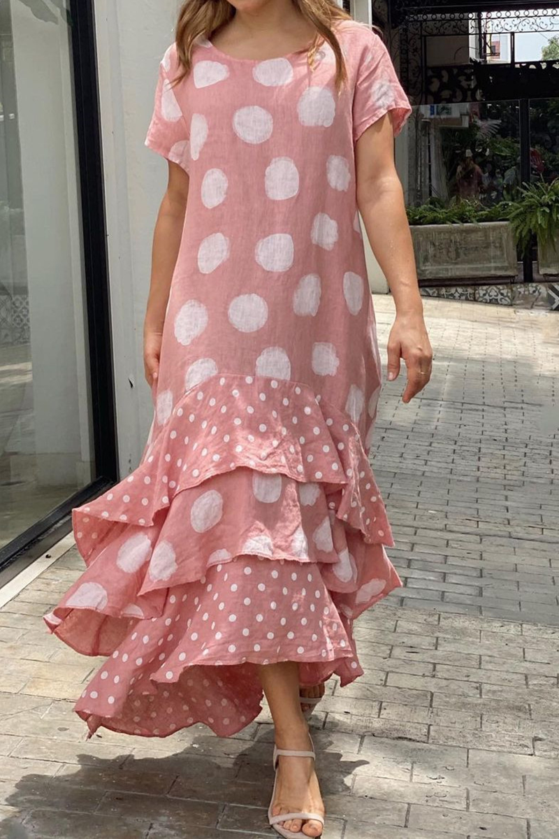 Casual Dot Flounce O Neck Cake Skirt Dresses(5 colors)