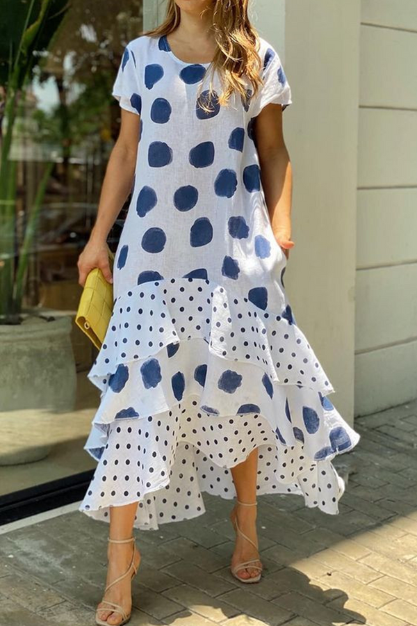 Casual Dot Flounce O Neck Cake Skirt Dresses(5 colors)