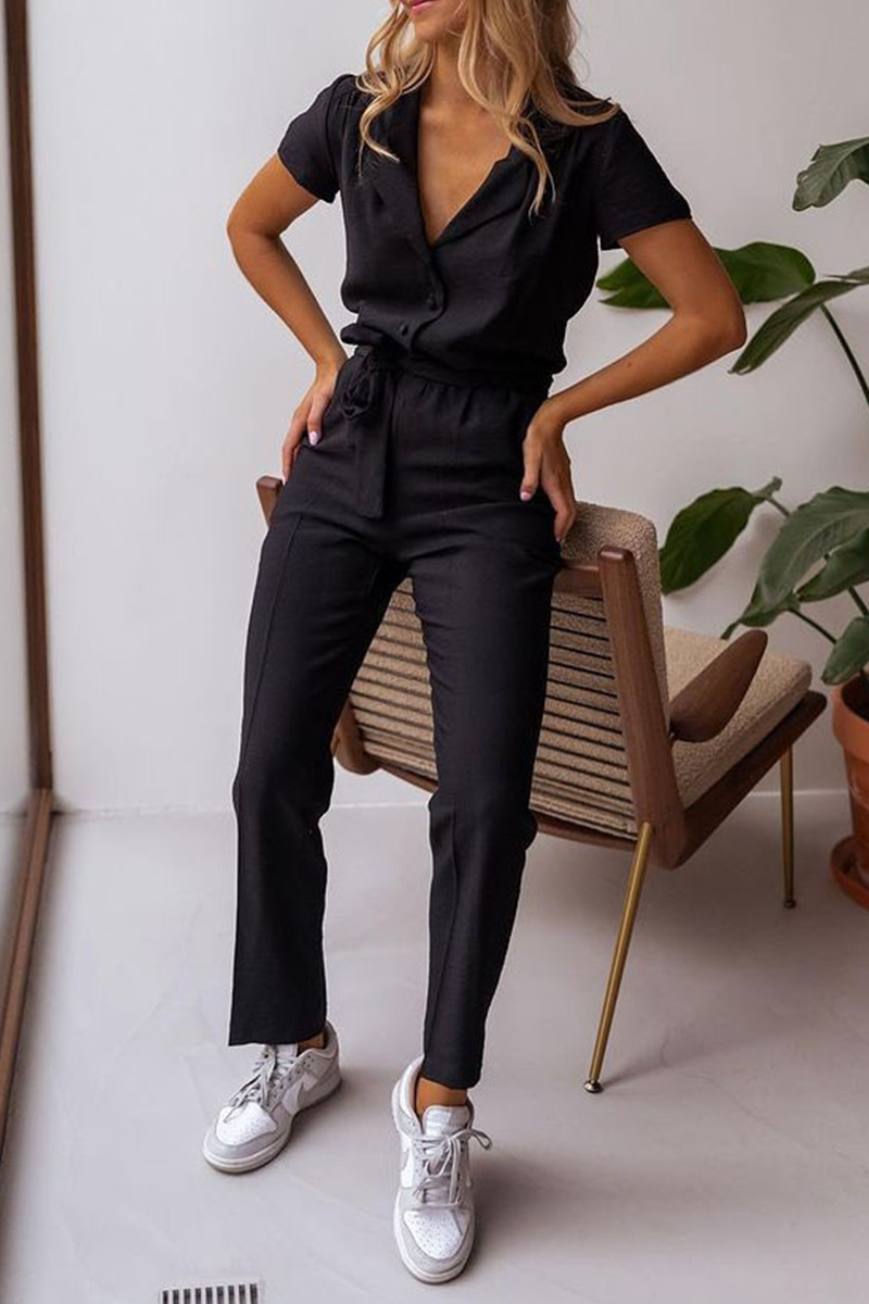 Casual Solid Split Joint Turndown Collar Regular Jumpsuits