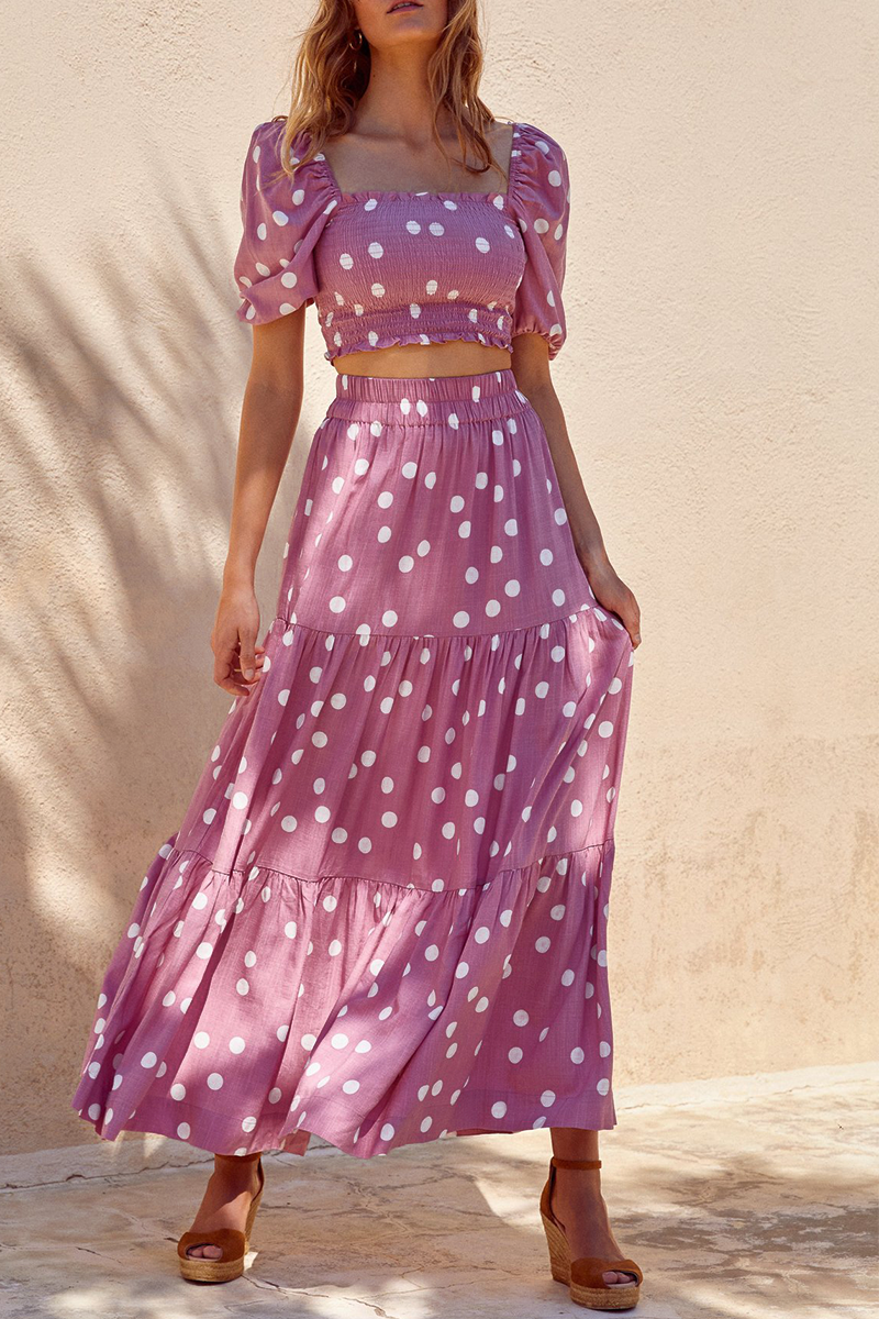 Dot Puff Sleeve Crop Maxi Skirts Set