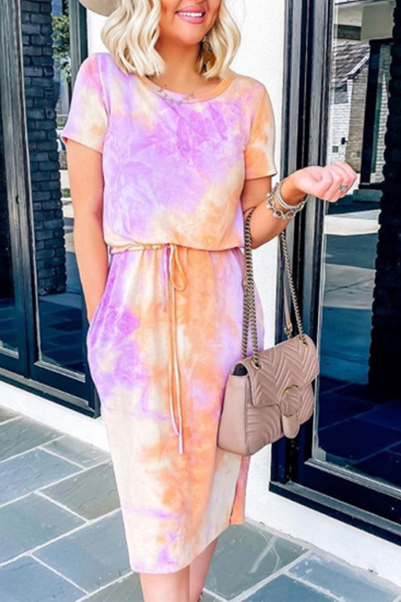 Casual Patchwork Tie-dye O Neck Waist Skirt Dresses