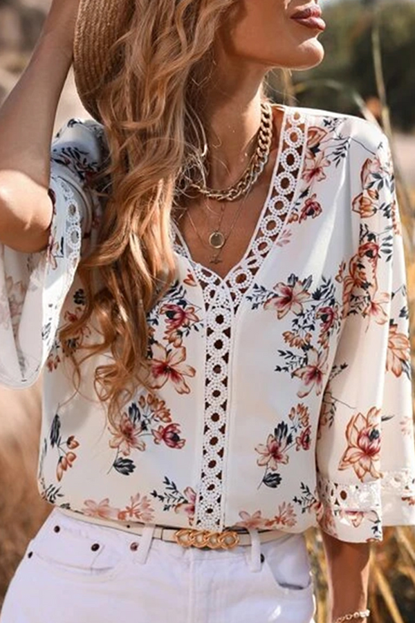 Casual Print Patchwork V Neck Tops