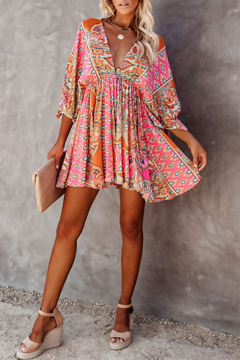 Casual Print Backless V Neck Cake Skirt Dresses