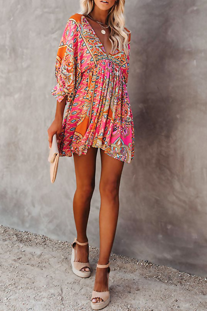 Casual Print Backless V Neck Cake Skirt Dresses