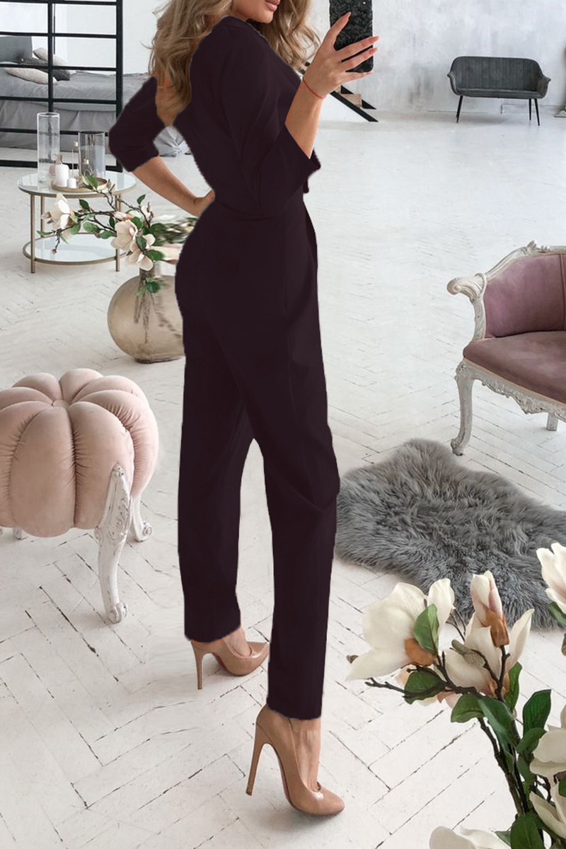 Fashion Solid Patchwork Turndown Collar Regular Jumpsuits