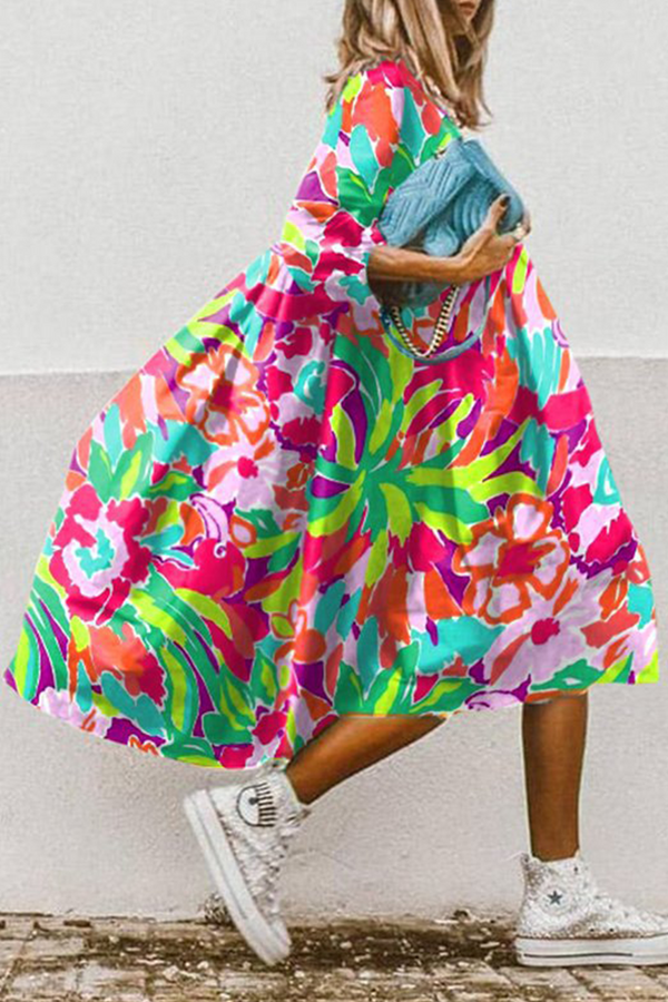 Casual Print Patchwork Turndown Collar Cake Skirt Dresses