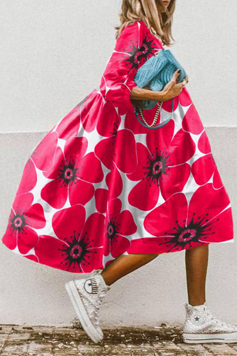 Casual Print Patchwork Turndown Collar Cake Skirt Dresses