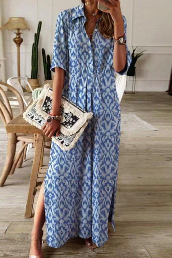 Casual Print Patchwork Turndown Collar Shirt Dress Dresses