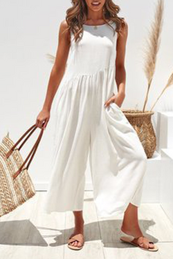 Casual Solid Patchwork O Neck Loose Jumpsuits