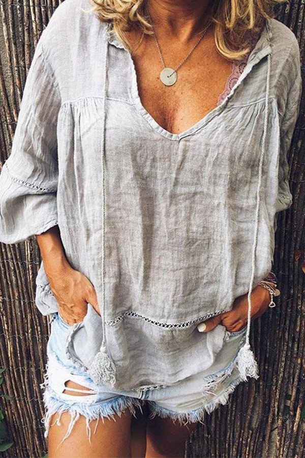 Solid V Neck Seven Sleeve Blouse