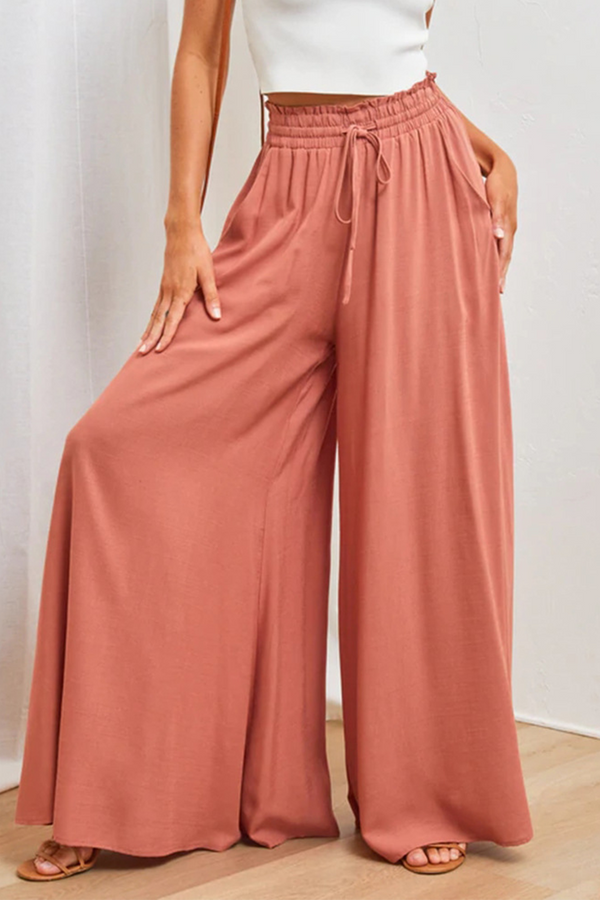 Casual Solid Patchwork Loose High Waist Wide Leg Solid Color Bottoms(5 colors)