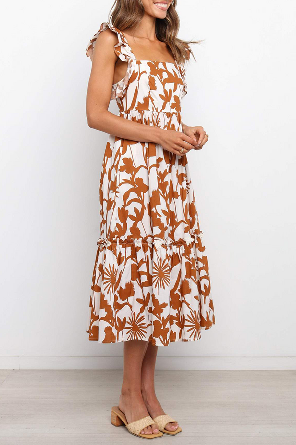 Casual Print Flounce Square Collar Cake Skirt Dresses