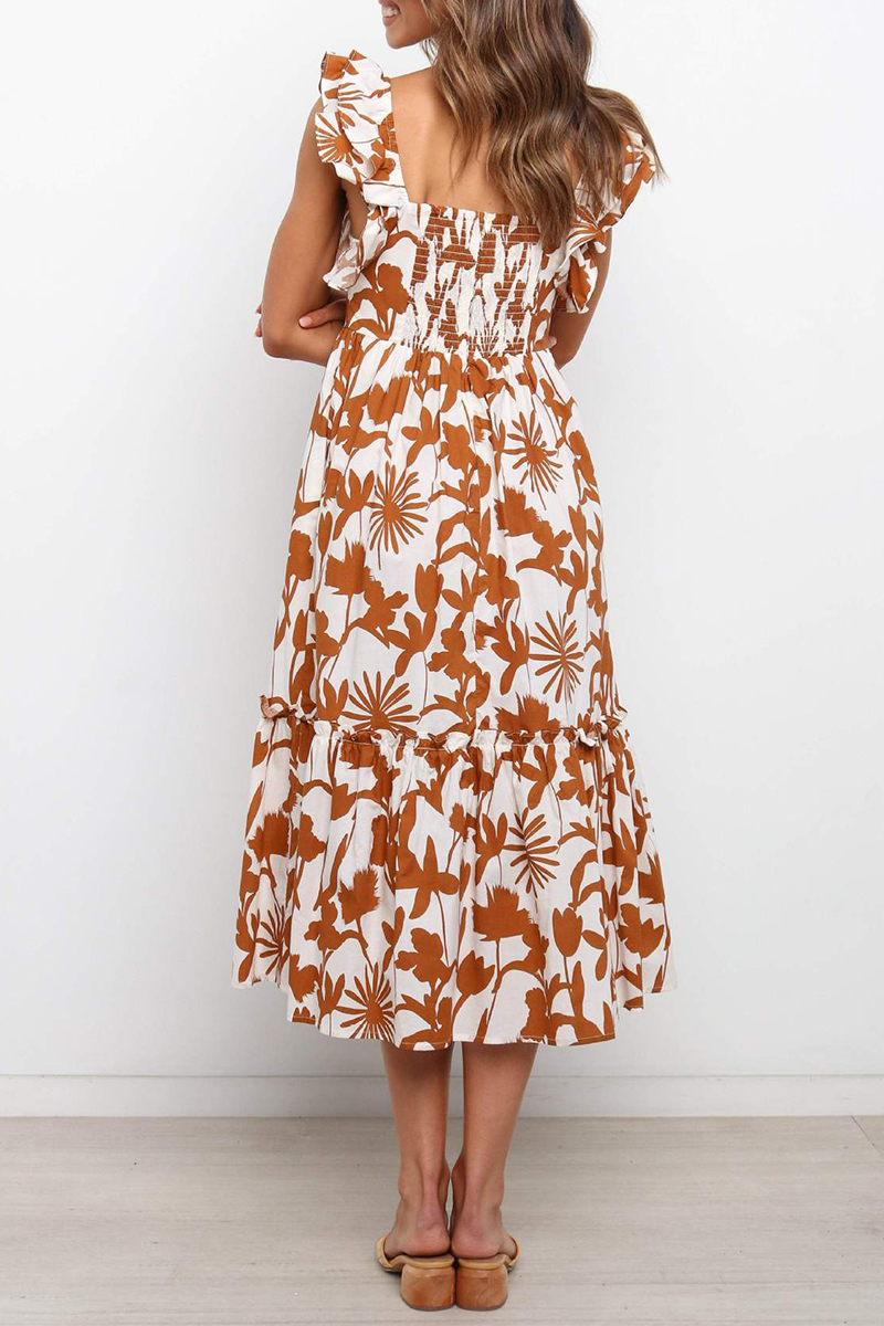 Casual Print Flounce Square Collar Cake Skirt Dresses