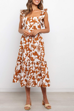 Casual Print Flounce Square Collar Cake Skirt Dresses