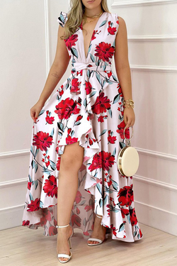 Vacation Print Flounce V Neck Waist Skirt Dresses(4 colors)