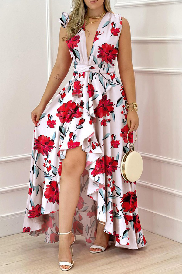 Vacation Print Flounce V Neck Waist Skirt Dresses(4 colors)