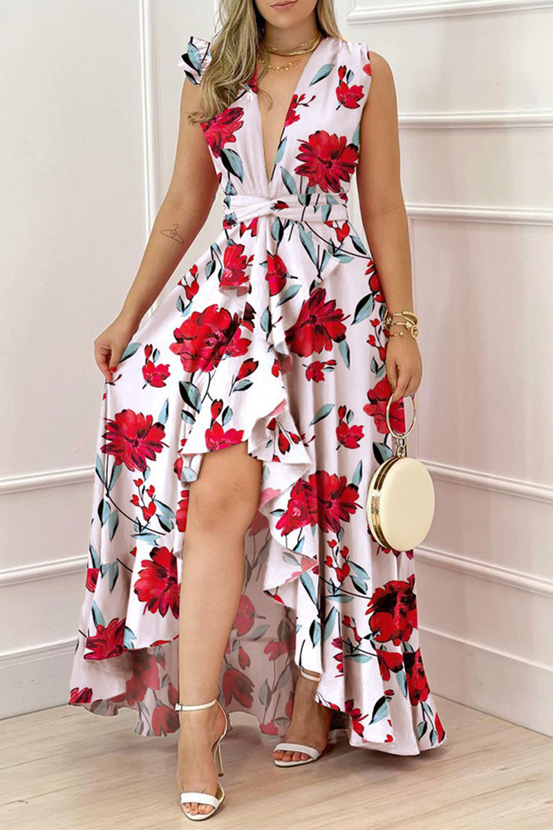 Vacation Print Flounce V Neck Waist Skirt Dresses(4 colors)