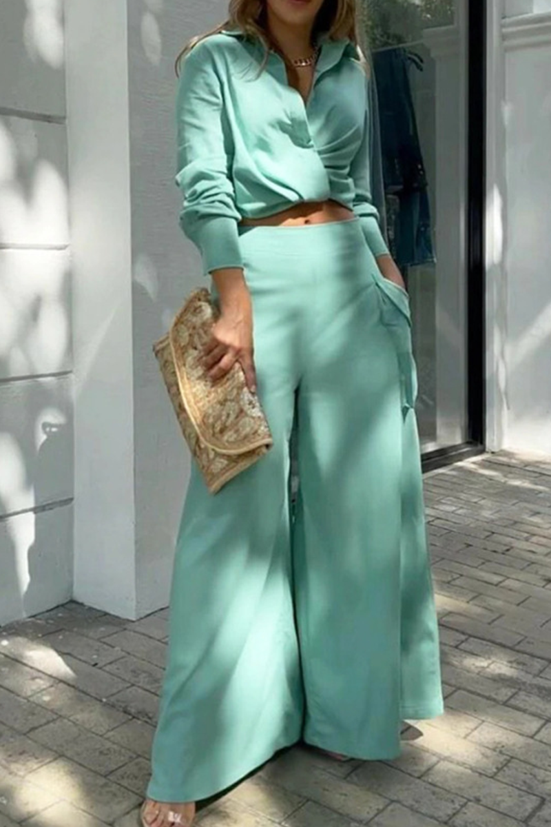 Button Cross Wrap Blouse Wide Leg Pants Set