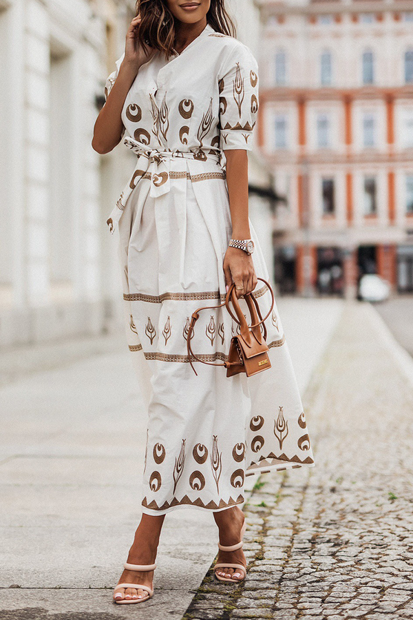 Print Button Belted Maxi Dress