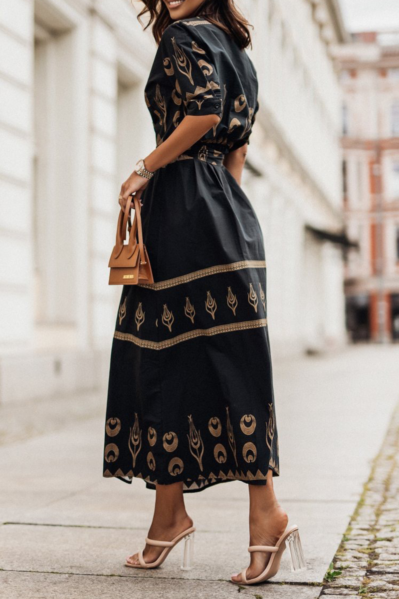 Print Button Belted Maxi Dress