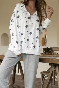 Fashion Print Patchwork Zipper Collar Sweats(5 Colors)