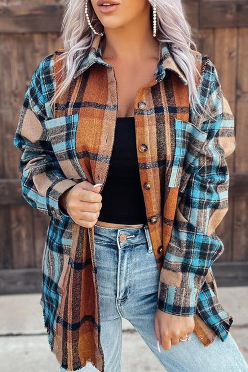 Casual Plaid Patchwork Turndown Collar Tops