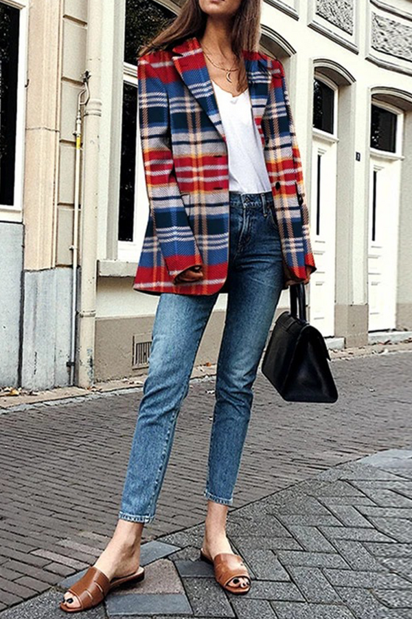 Casual Plaid Patchwork Turndown Collar Outerwear