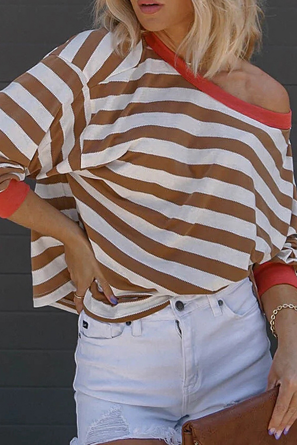 Fashion Striped Patchwork O Neck Tops