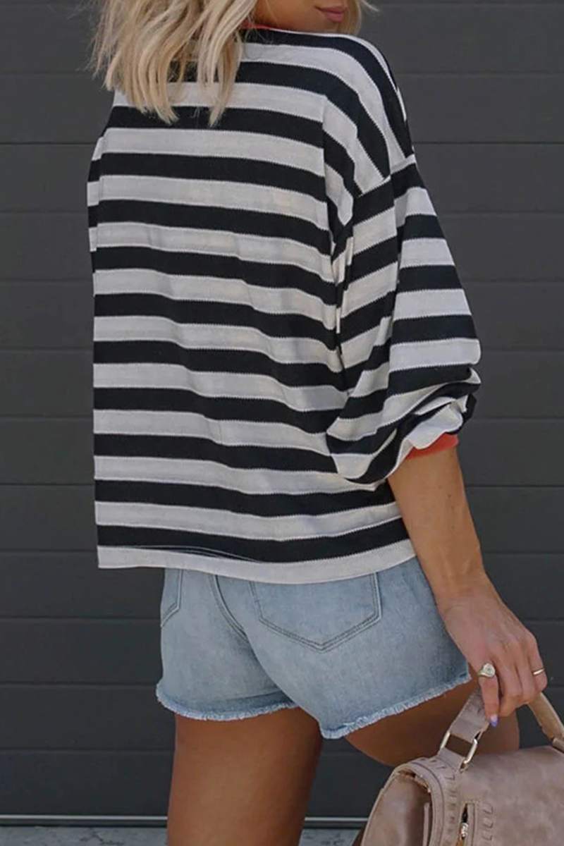 Fashion Striped Patchwork O Neck Tops