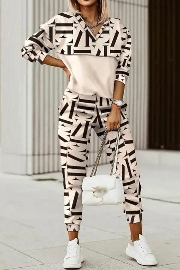 Casual Print Patchwork O Neck Long Sleeve Two Pieces