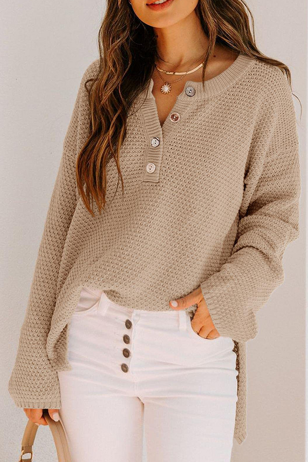 Casual Solid Buckle V Neck Sweaters(4 Colors)