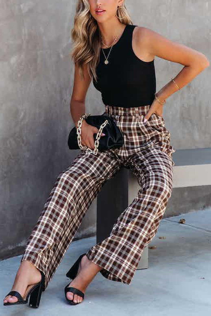 Fashion Plaid Straight High Waist Wide Leg Bottoms