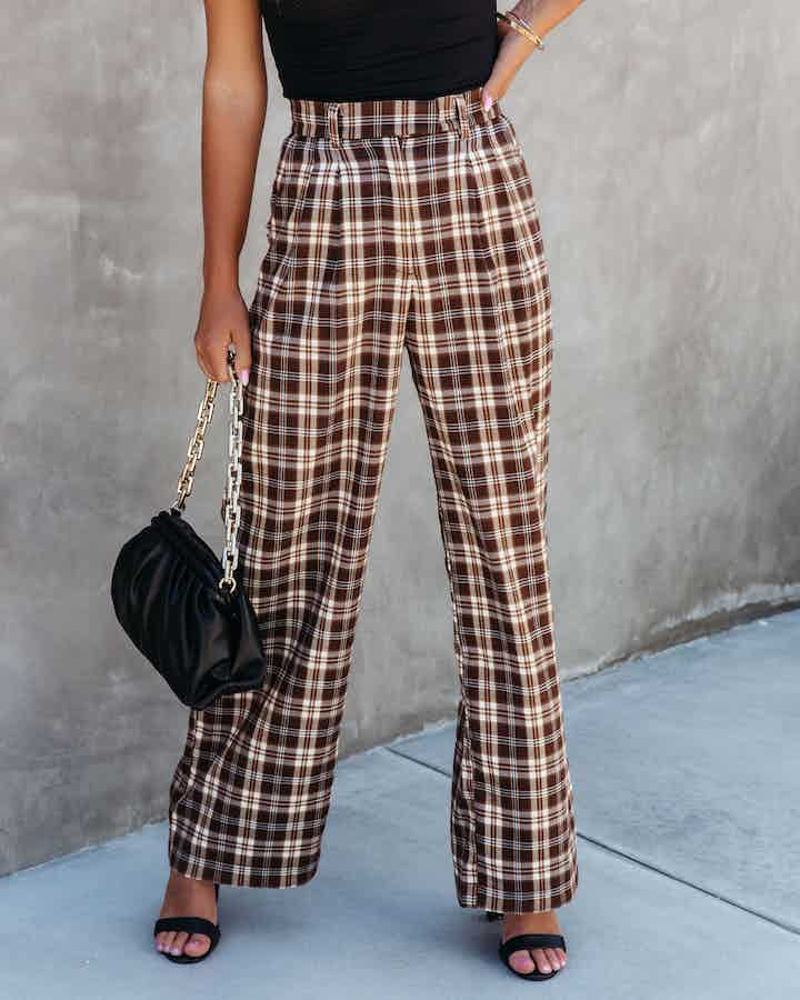 Fashion Plaid Straight High Waist Wide Leg Bottoms