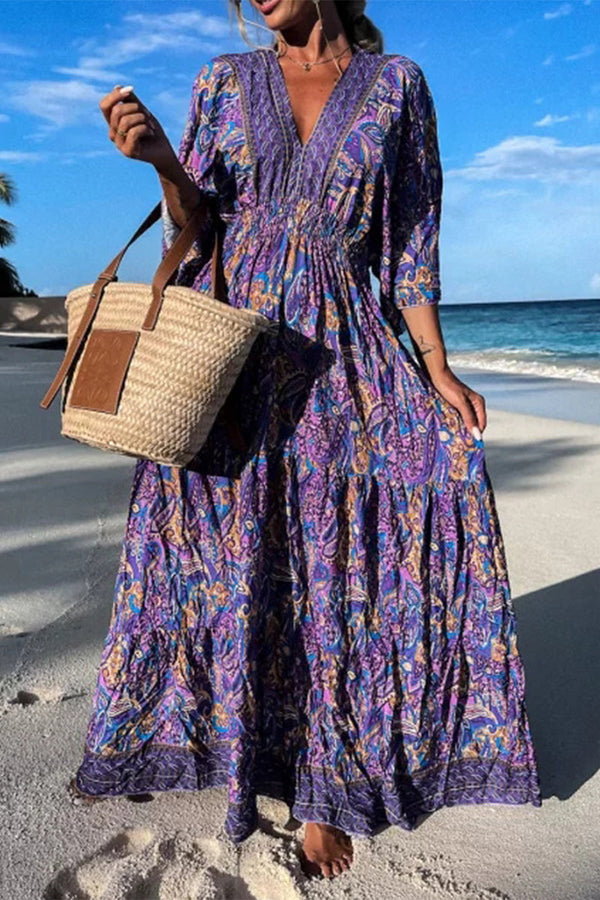 Fashion Print Printing V Neck Beach Dresses(3 colors)