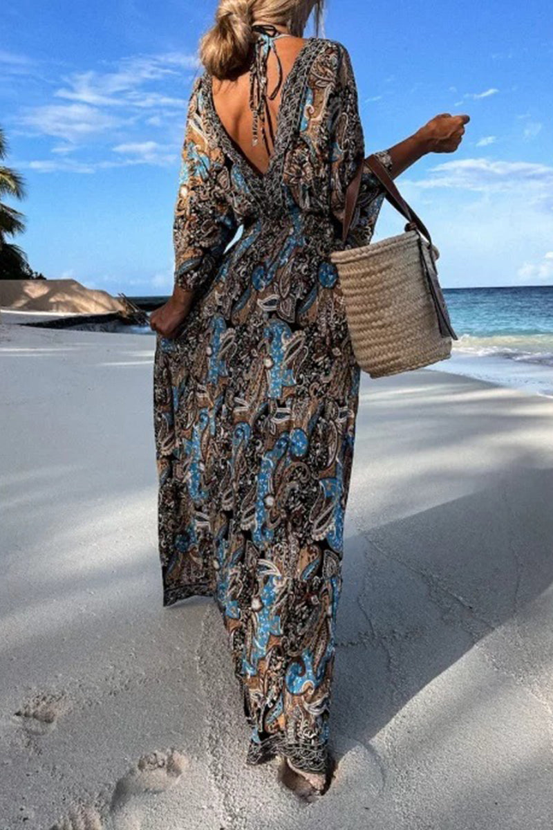 Fashion Print Printing V Neck Beach Dresses(3 colors)