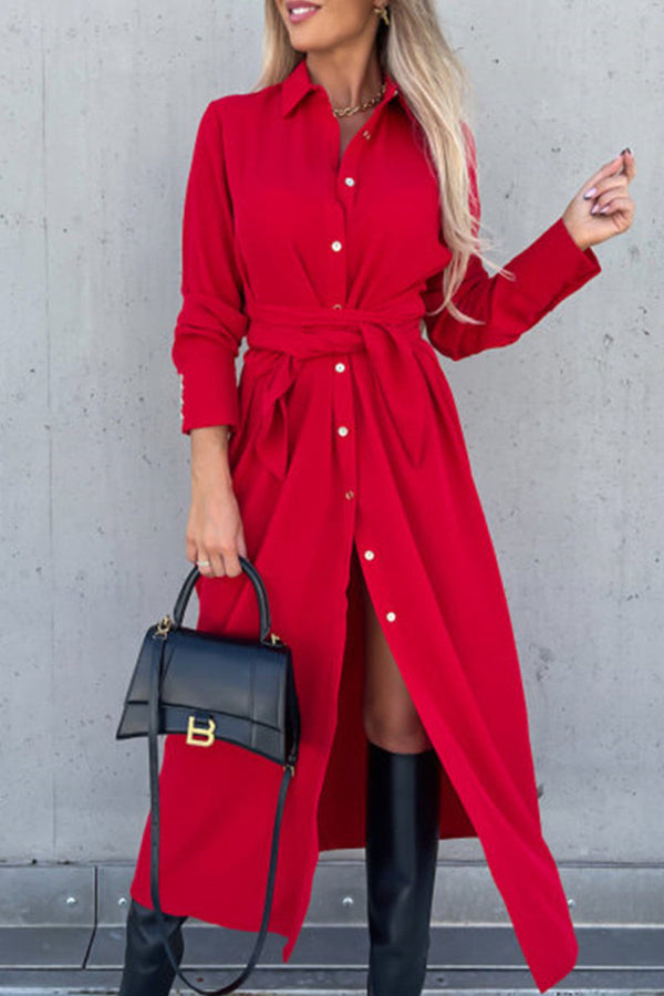 Single Breasted Tie Waist Midi Shirt Dress