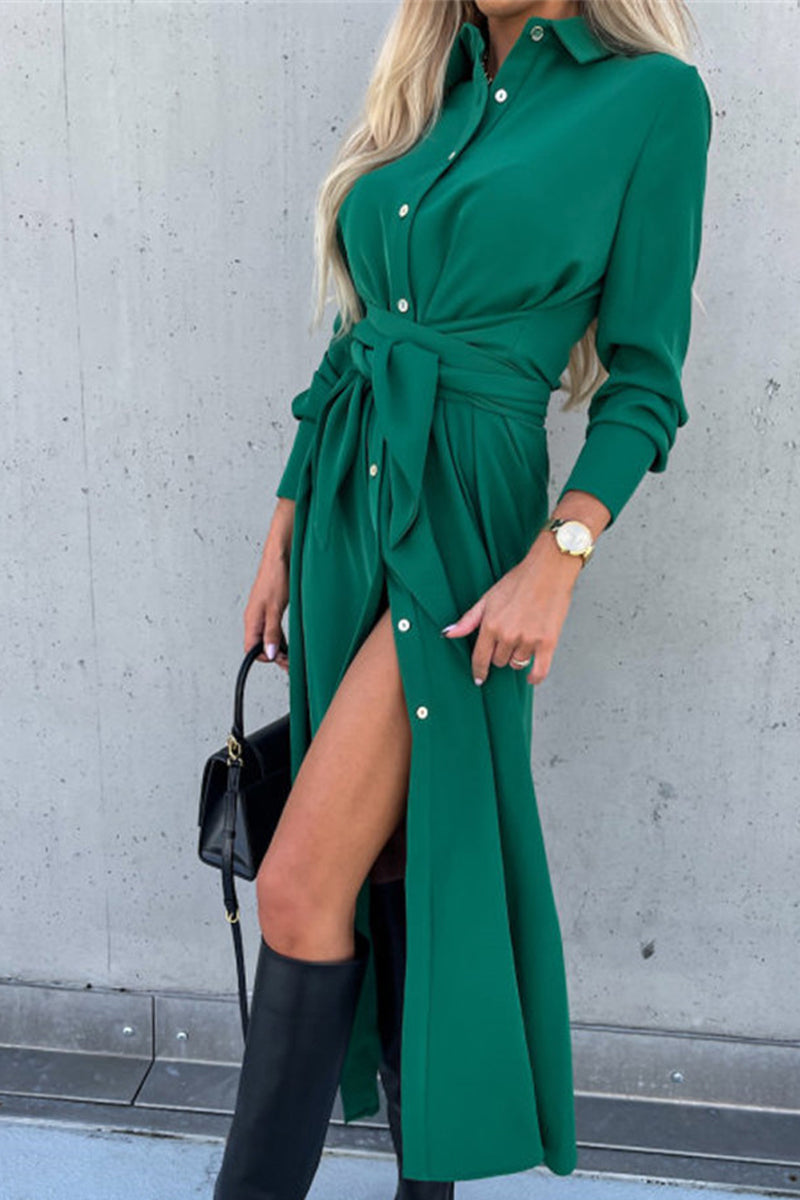 Single Breasted Tie Waist Midi Shirt Dress