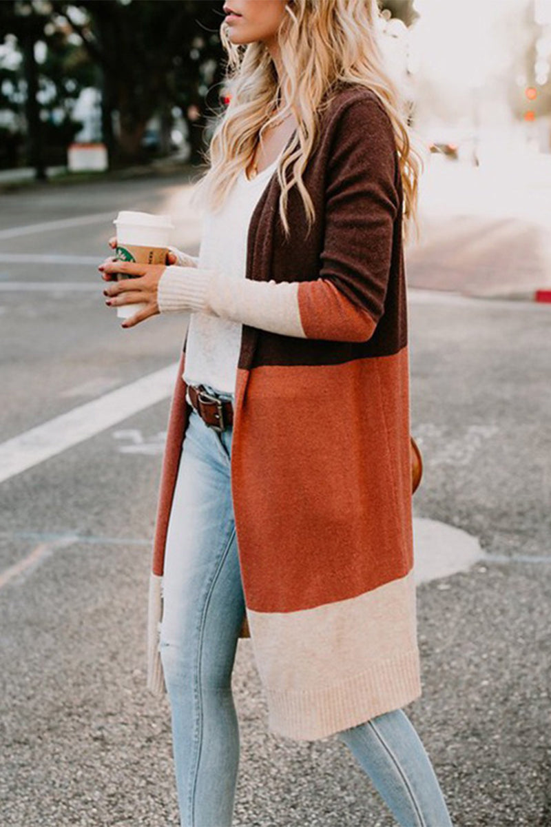 Casual Color Block Patchwork Cardigan Collar Tops