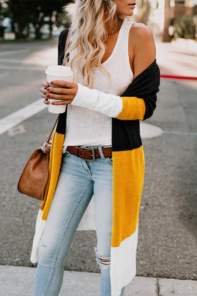 Casual Color Block Patchwork Cardigan Collar Tops