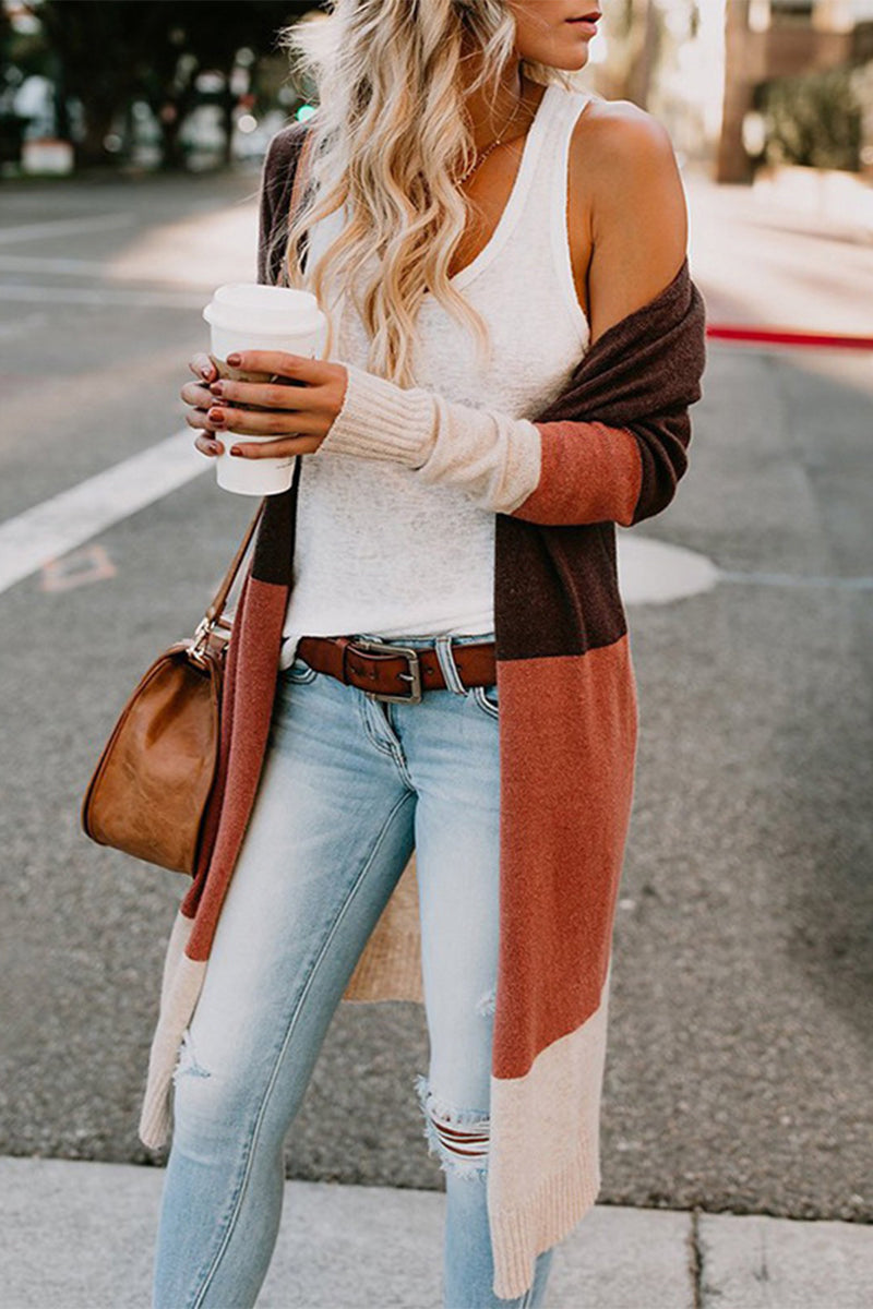 Casual Color Block Patchwork Cardigan Collar Tops