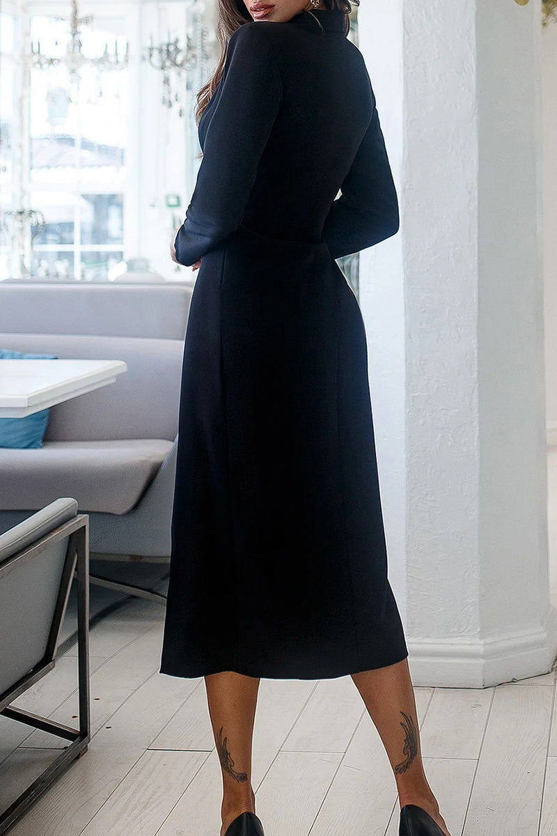 Sweet Elegant Slit Turndown Collar Wrapped Skirt Dresses(4 Colors)