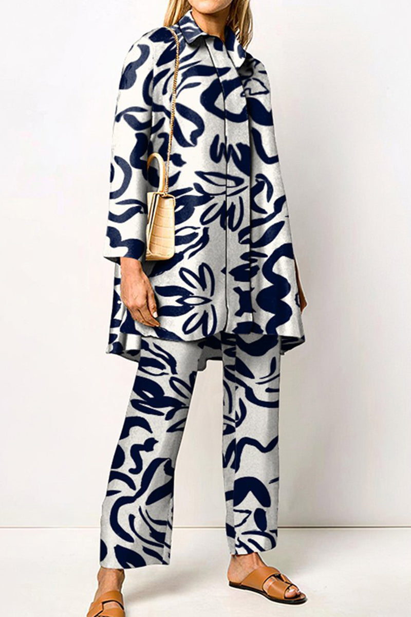 Casual Print Patchwork Turndown Collar Long Sleeve Two Pieces