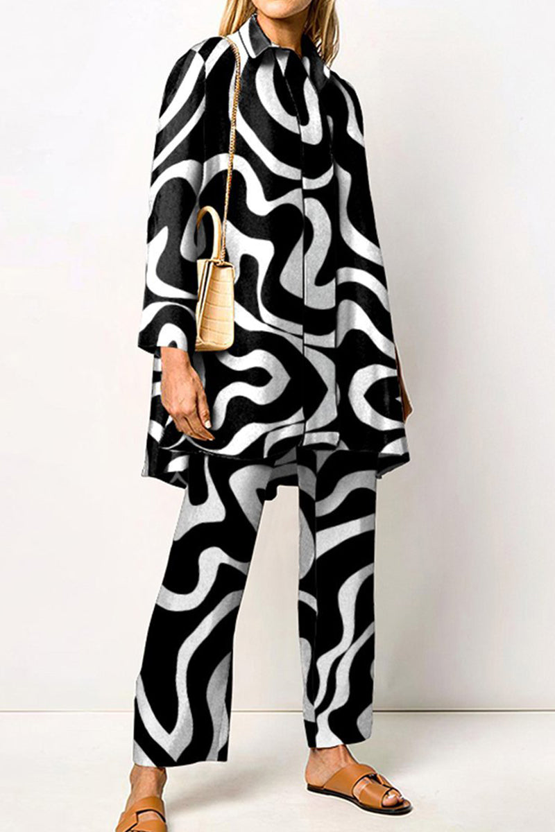 Casual Print Patchwork Turndown Collar Long Sleeve Two Pieces