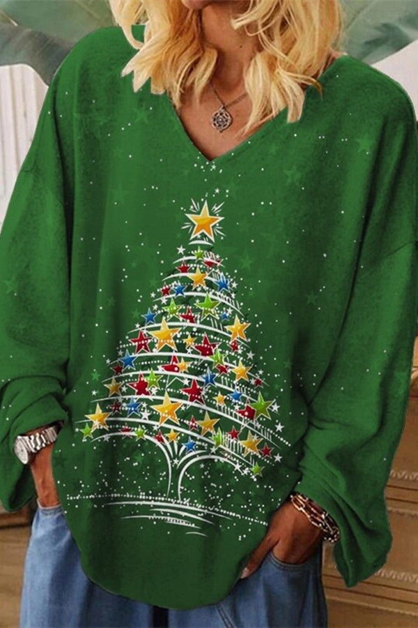 Casual Christmas Tree Printed Patchwork V Neck Tops