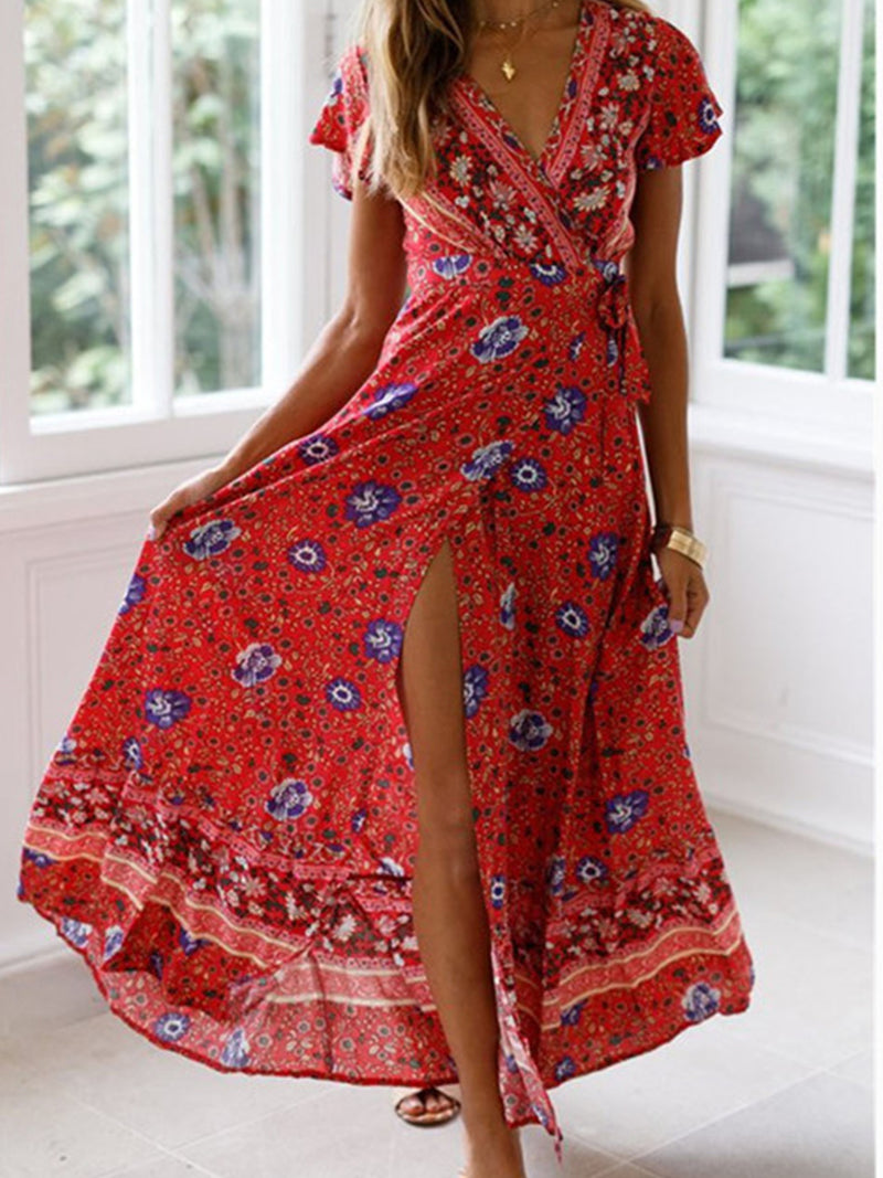 Floral Print Bohemian V Neck Short Sleeve Maxi Dress