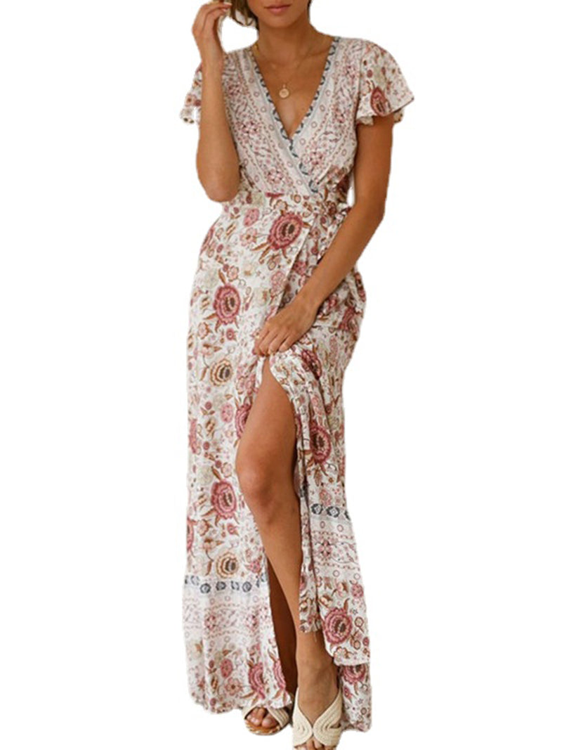 Floral Print Bohemian V Neck Short Sleeve Maxi Dress