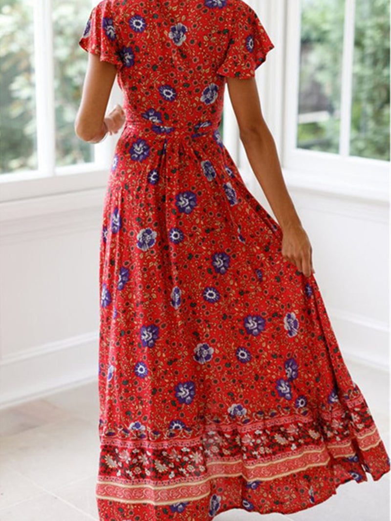 Floral Print Bohemian V Neck Short Sleeve Maxi Dress