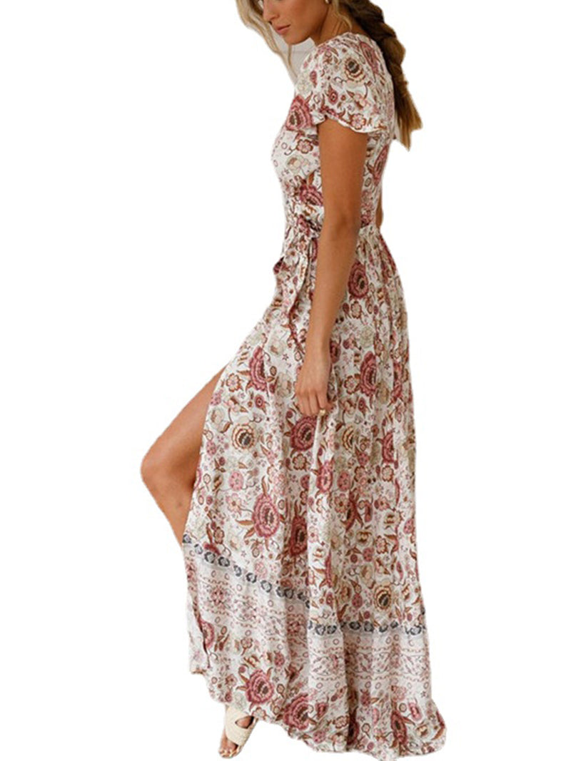 Floral Print Bohemian V Neck Short Sleeve Maxi Dress