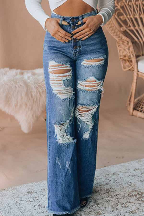 Street Patchwork Ripped Buckle High Waist Straight Denim Jeans